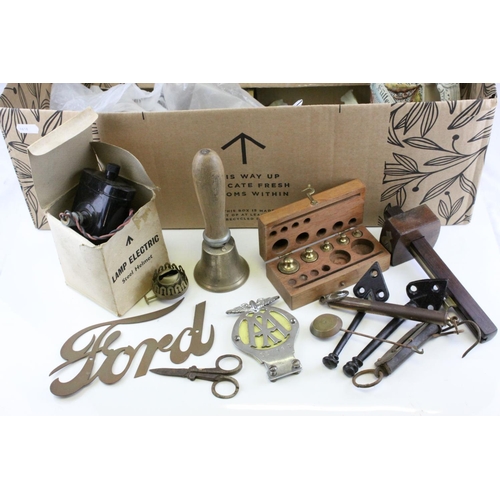 87 - Mixed Lot including Hand Bell, Riley Caps, Vintage AA Badge, Spring Scales, Ford Car Badge, Lamp Bas... 