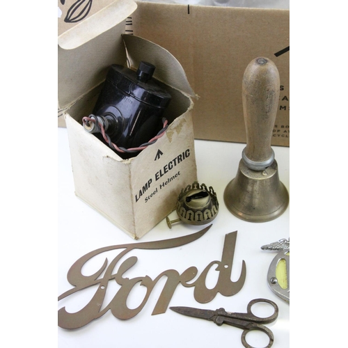 87 - Mixed Lot including Hand Bell, Riley Caps, Vintage AA Badge, Spring Scales, Ford Car Badge, Lamp Bas... 