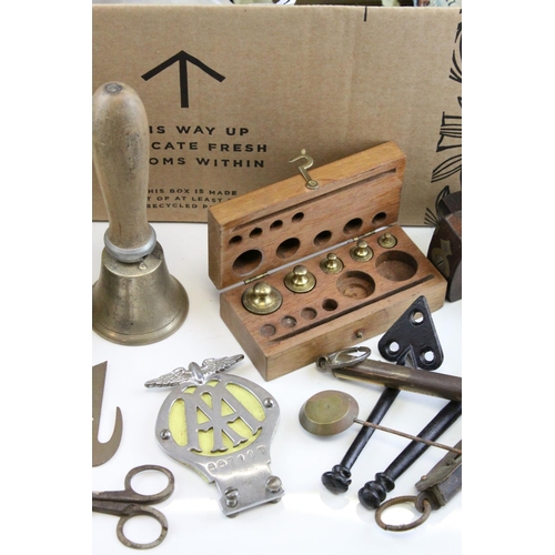 87 - Mixed Lot including Hand Bell, Riley Caps, Vintage AA Badge, Spring Scales, Ford Car Badge, Lamp Bas... 