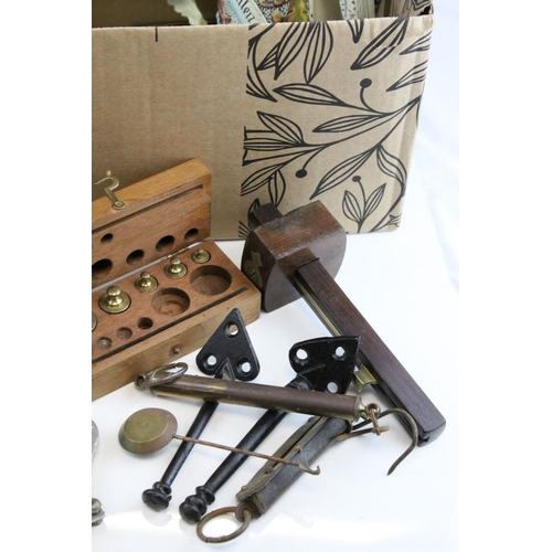 87 - Mixed Lot including Hand Bell, Riley Caps, Vintage AA Badge, Spring Scales, Ford Car Badge, Lamp Bas... 