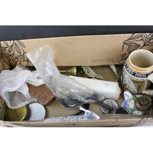 87 - Mixed Lot including Hand Bell, Riley Caps, Vintage AA Badge, Spring Scales, Ford Car Badge, Lamp Bas... 