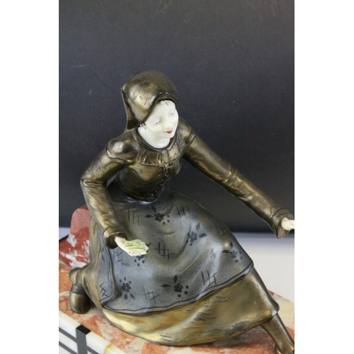 92 - Art Deco Spelter Figure Group of a Young Woman feeding a Goat, raised on a Marble, Slate and Onyx Ba... 
