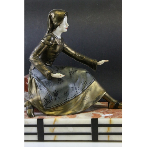 92 - Art Deco Spelter Figure Group of a Young Woman feeding a Goat, raised on a Marble, Slate and Onyx Ba... 
