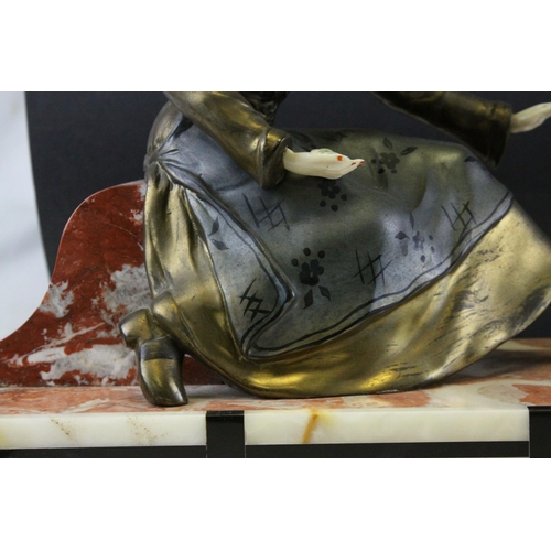 92 - Art Deco Spelter Figure Group of a Young Woman feeding a Goat, raised on a Marble, Slate and Onyx Ba... 