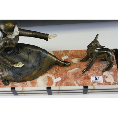 92 - Art Deco Spelter Figure Group of a Young Woman feeding a Goat, raised on a Marble, Slate and Onyx Ba... 