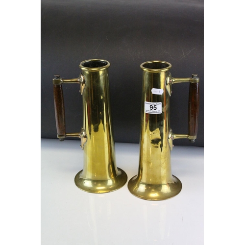 95 - Pair of World War I Trench Art Brass Shells formed into Tankards with Arts & Crafts Oak Handles, eac... 