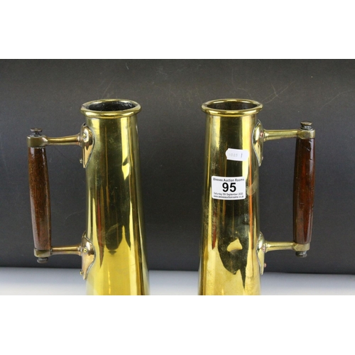 95 - Pair of World War I Trench Art Brass Shells formed into Tankards with Arts & Crafts Oak Handles, eac... 