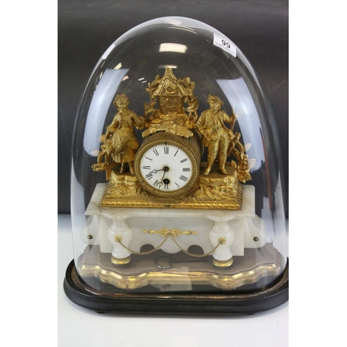 99 - 19th century Continental Ornate Gilt Metal Figural Mantle Clock raised on a White Onyx Base and cont... 