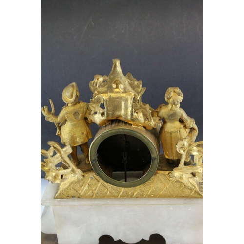 99 - 19th century Continental Ornate Gilt Metal Figural Mantle Clock raised on a White Onyx Base and cont... 