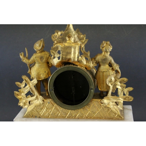 99 - 19th century Continental Ornate Gilt Metal Figural Mantle Clock raised on a White Onyx Base and cont... 