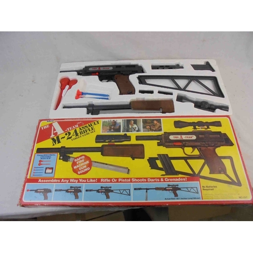 2024 - Boxed Arco 197 The A Team M-24 Assault Rifle Target Game Set, near complete missing only two darts, ... 