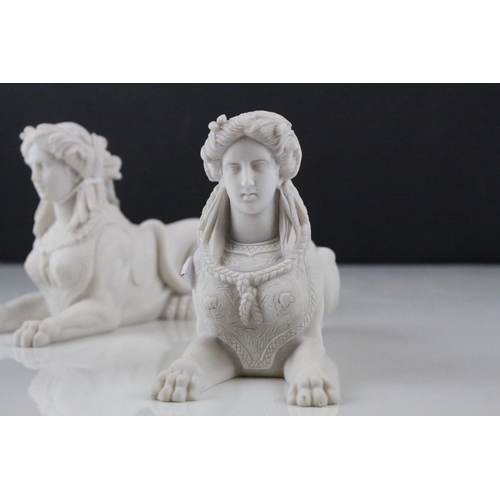 14 - Pair of Parian ware Style Sphinx with the head of a Roman / Greek Woman and the body of a Lion, 17cm... 
