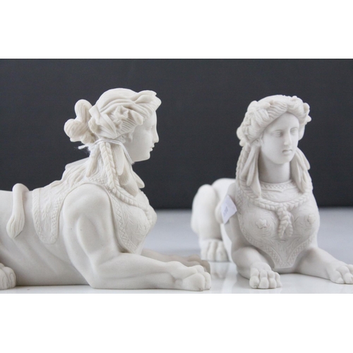 14 - Pair of Parian ware Style Sphinx with the head of a Roman / Greek Woman and the body of a Lion, 17cm... 