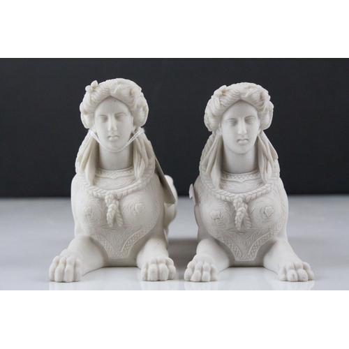 14 - Pair of Parian ware Style Sphinx with the head of a Roman / Greek Woman and the body of a Lion, 17cm... 