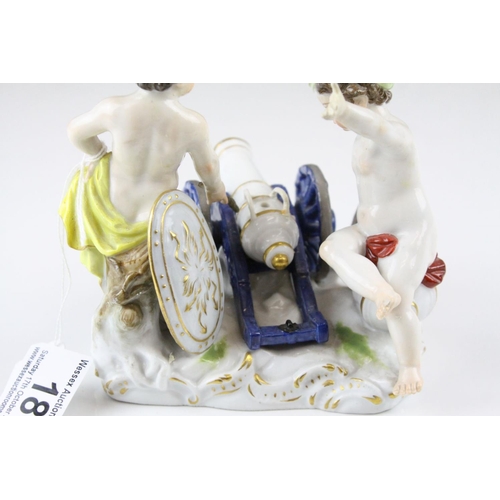 18 - Meissen Porcelain Figure Group of Two Children / Infants firing a Cannon, the base decorated with gi... 