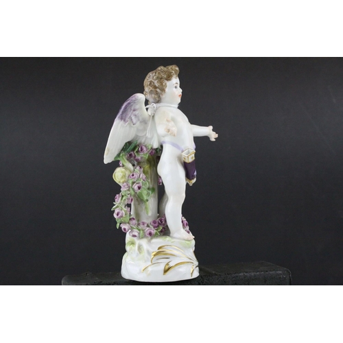 20 - Meissen Porcelain Figure of Cupid with open arms, the base decorated with gilt scrolls, blue cross s... 