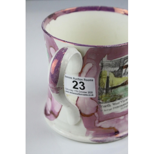 23 - 19th century Sunderland Pink Lustre Mug decorated with a scene of the North West View of the Cast Ir... 