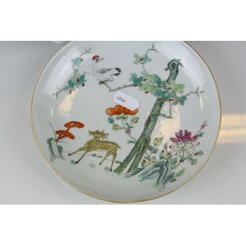 26 - Pair of Chinese Famille Rose Shallow Dishes decorated in enamels with Cranes and Deer in foliage, re... 