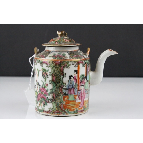 29 - Cantonese Famille Rose Teapot with enamel decorated panels of figures and butterflies in foliage, 15... 