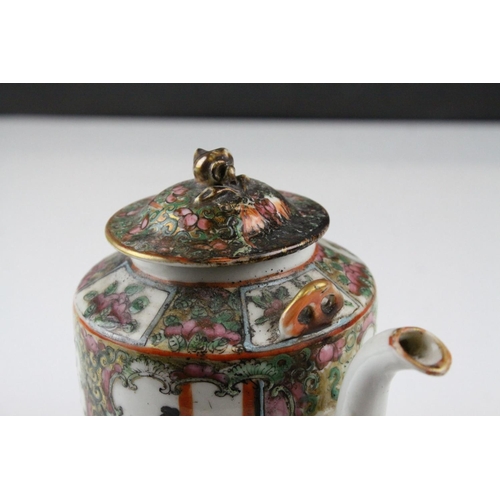 29 - Cantonese Famille Rose Teapot with enamel decorated panels of figures and butterflies in foliage, 15... 