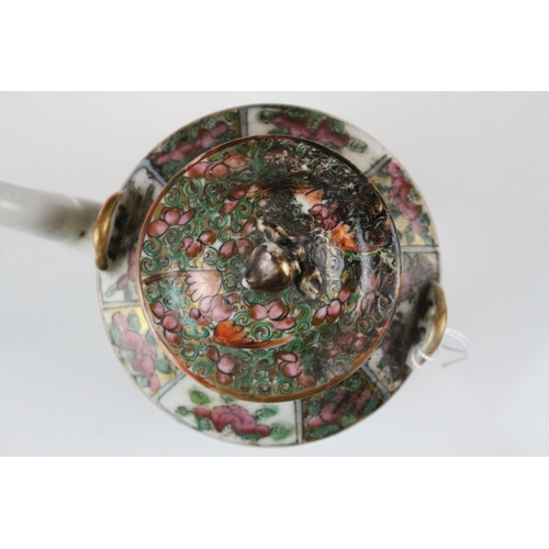 29 - Cantonese Famille Rose Teapot with enamel decorated panels of figures and butterflies in foliage, 15... 