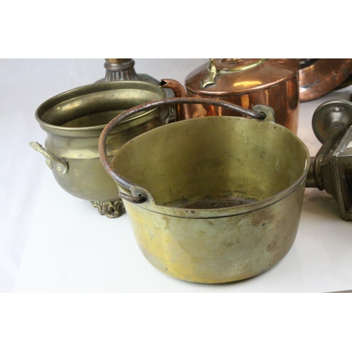 31 - Collection  of Metalware including Copper Kettle, Copper Oil Lamp Base, Carriage Lamp (converted to ... 