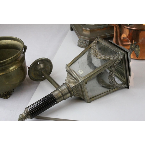 31 - Collection  of Metalware including Copper Kettle, Copper Oil Lamp Base, Carriage Lamp (converted to ... 
