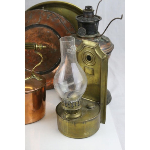 31 - Collection  of Metalware including Copper Kettle, Copper Oil Lamp Base, Carriage Lamp (converted to ... 