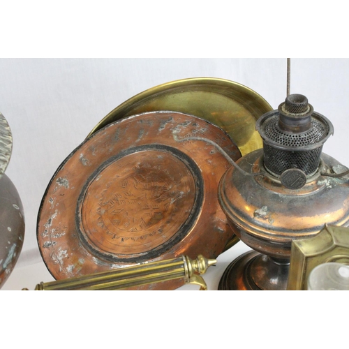 31 - Collection  of Metalware including Copper Kettle, Copper Oil Lamp Base, Carriage Lamp (converted to ... 