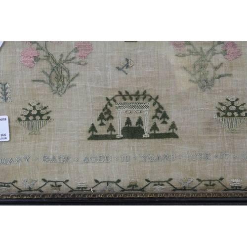 34 - George III 18th century Needlework Sampler with alphabet, verse, flowers and arch, completed by Mary... 