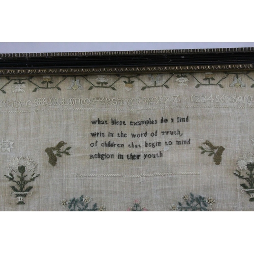 34 - George III 18th century Needlework Sampler with alphabet, verse, flowers and arch, completed by Mary... 