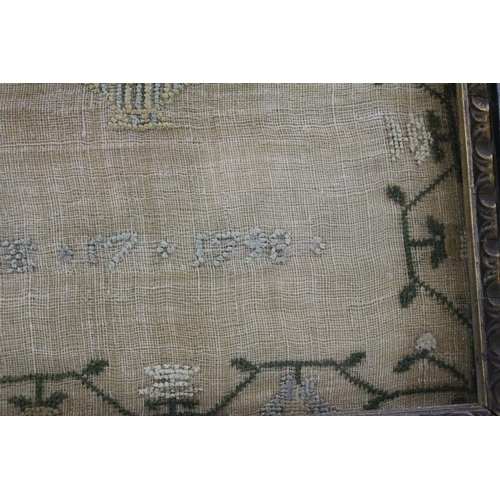 34 - George III 18th century Needlework Sampler with alphabet, verse, flowers and arch, completed by Mary... 