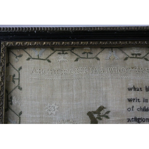 34 - George III 18th century Needlework Sampler with alphabet, verse, flowers and arch, completed by Mary... 