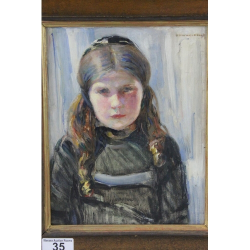 35 - Ruth Helprin Hammerslough (1883-1983) Oil Painting on Board Half Length Portrait of a Girl, signed u... 