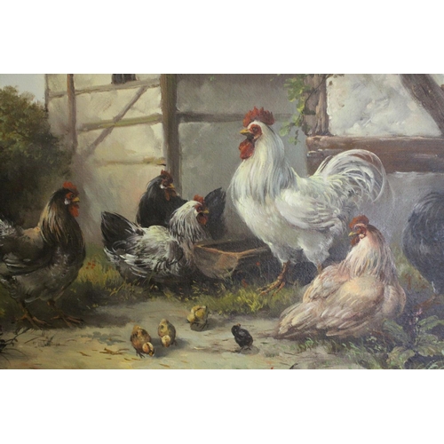 39 - Peter duffield oil on canvas mounted in a gilt frame cockerel and hens with chicks in a farmyard set... 