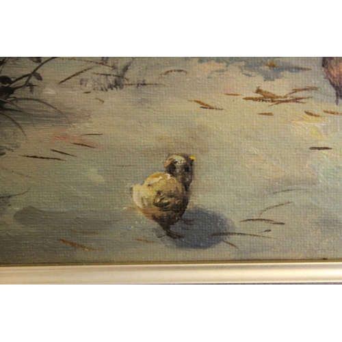 39 - Peter duffield oil on canvas mounted in a gilt frame cockerel and hens with chicks in a farmyard set... 