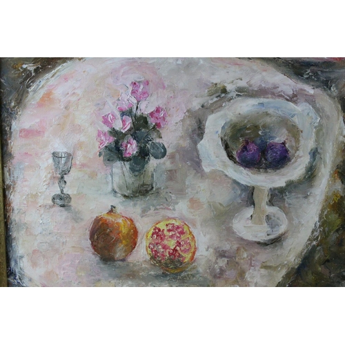 43 - D. Matthews F.R.S.A, Oil Painting on Board Still Life of Figs and Pommegranite initialled lower righ... 