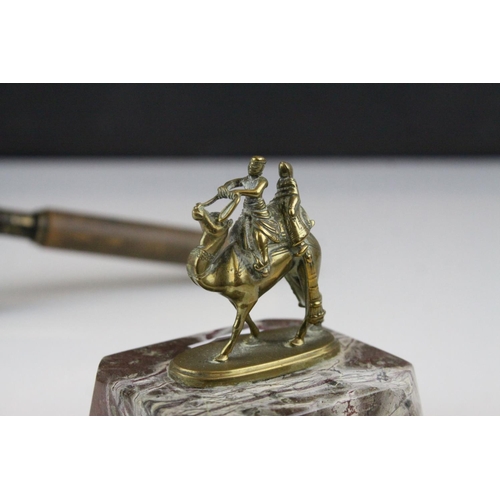 47 - Small Brass Camel with Riders on a Marble Plinth, 9cms high together with a Magnifying Glass with Wo... 