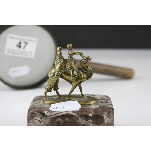 47 - Small Brass Camel with Riders on a Marble Plinth, 9cms high together with a Magnifying Glass with Wo... 