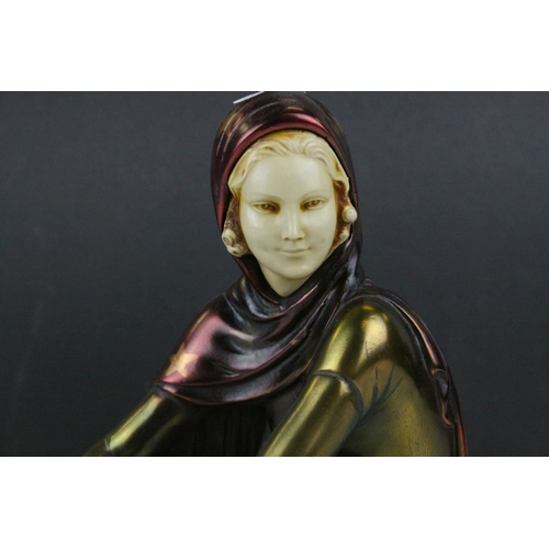 50 - In the manner of Ugo Cipriani, Art Deco style resin figure of an elegant lady in green flowing dress... 