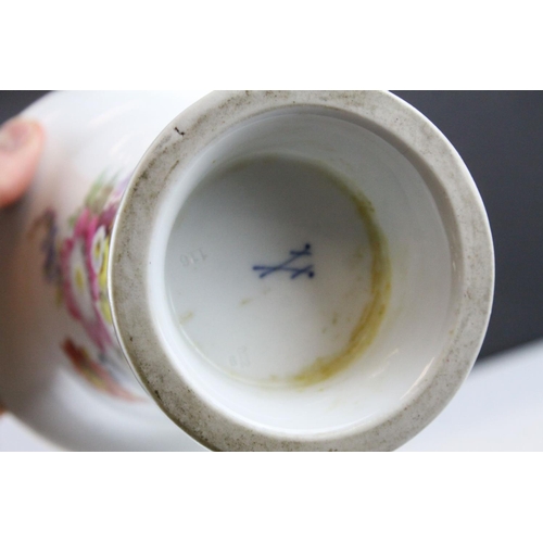 6 - Meissen Vase of flared cylindrical form, hand painted with floral sprays, blue cross swords mark to ... 