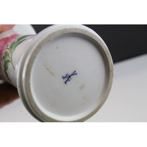 6 - Meissen Vase of flared cylindrical form, hand painted with floral sprays, blue cross swords mark to ... 