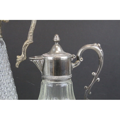 103 - Three Glass and Silver Plate Claret Jugs, Two Glass Beer Steins with Pewter Legs and a Ceramic Slop ... 
