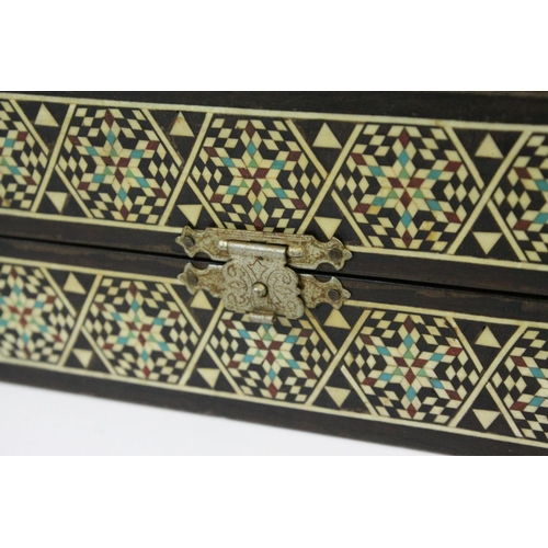 110 - Two Wooden Games Boxes inlaid with bone and mother of pearl, each containing draughts pieces and dic... 