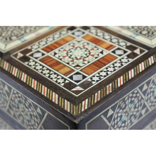 110 - Two Wooden Games Boxes inlaid with bone and mother of pearl, each containing draughts pieces and dic... 