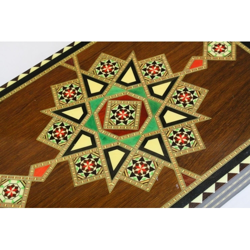 110 - Two Wooden Games Boxes inlaid with bone and mother of pearl, each containing draughts pieces and dic... 