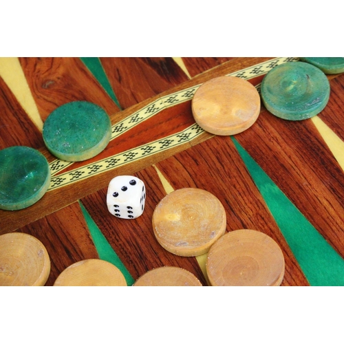 110 - Two Wooden Games Boxes inlaid with bone and mother of pearl, each containing draughts pieces and dic... 
