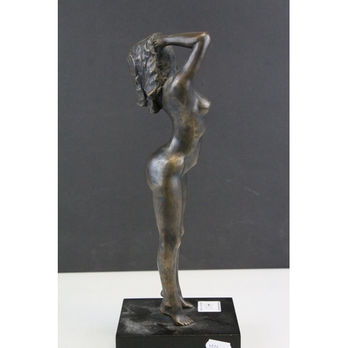 114 - Bronze Nude Female Figure on Wooden Plinth Base, 34cms high