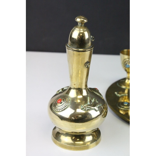 115 - Brass Eastern Tray with Carafe and Four Cups decorated with Turquoise and Red Stone Doves carrying O... 