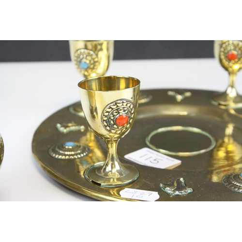 115 - Brass Eastern Tray with Carafe and Four Cups decorated with Turquoise and Red Stone Doves carrying O... 